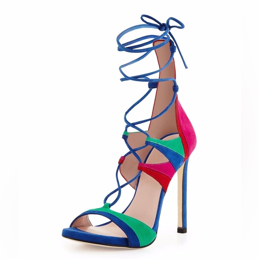 NWOB Stuart Weitzman Legwrap Song Suede Colorblock Lace Up Strappy Heels - Picture 4 of 13